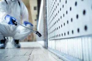 Person using chemical protection suit doing disinfection (Magnific)